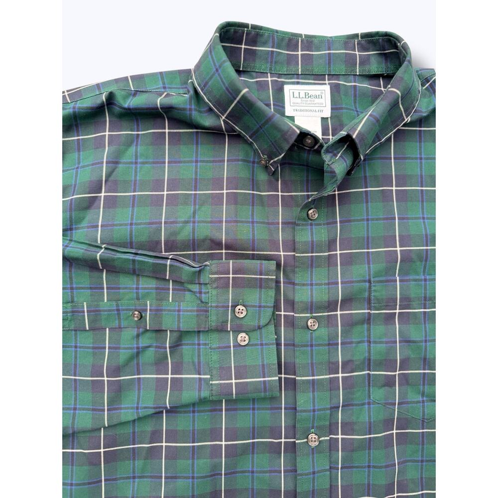 LL Bean Men's Flannel‎ Shirt Green Blue Plaid Long Sleeve Slightly Fitted Size L